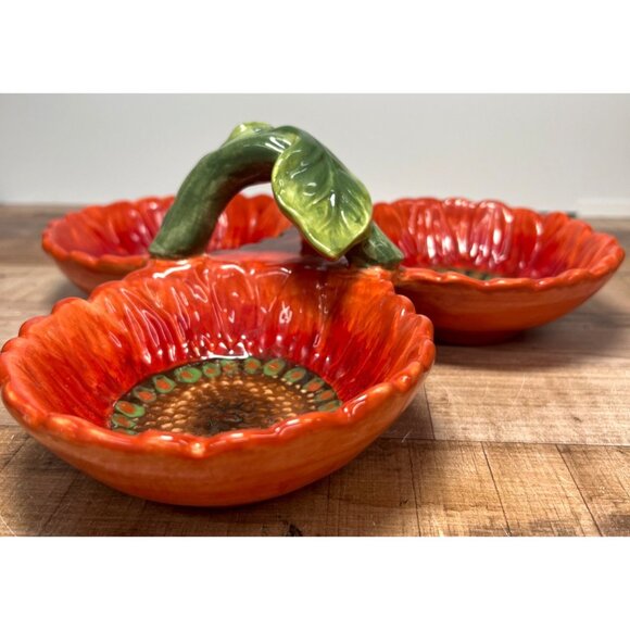 Maxcera Handcrafted Ceramic Sunflower Triple Bowl Dish - Picture 2 of 5